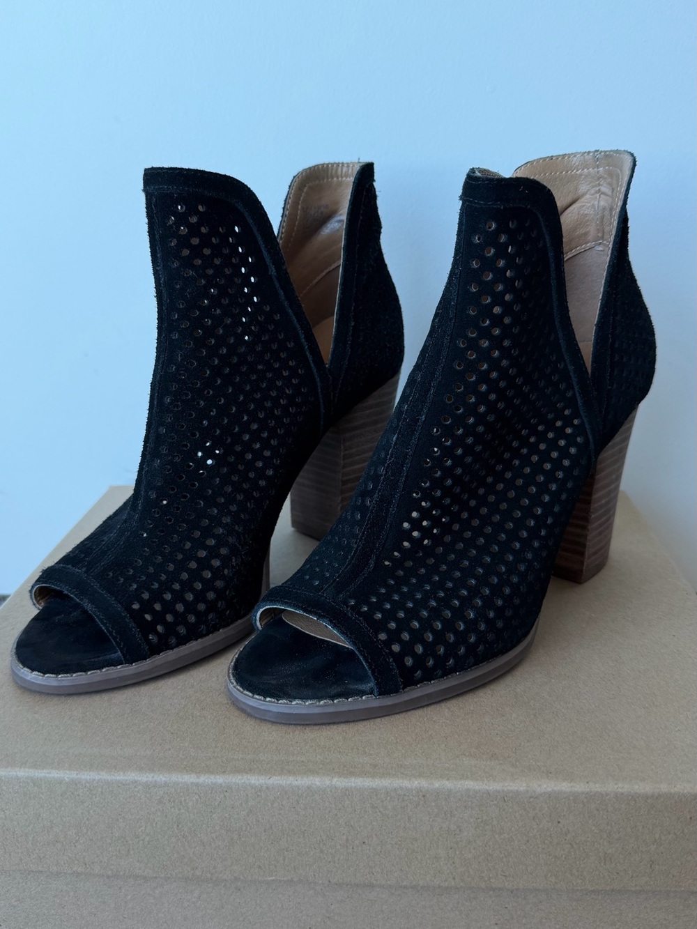 Lucky Brand Black Suede Open-Toe Perforated Block Heel Ankle Booties